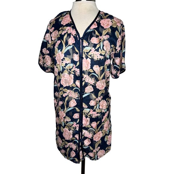 Vintage Finer Most, extra small, Intimates blue pink roses button front, short s - Picture 1 of 11